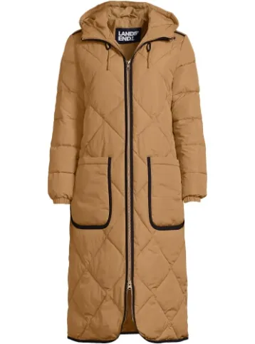 Women's tan FeatherFree diamond quilted maxi coat. 