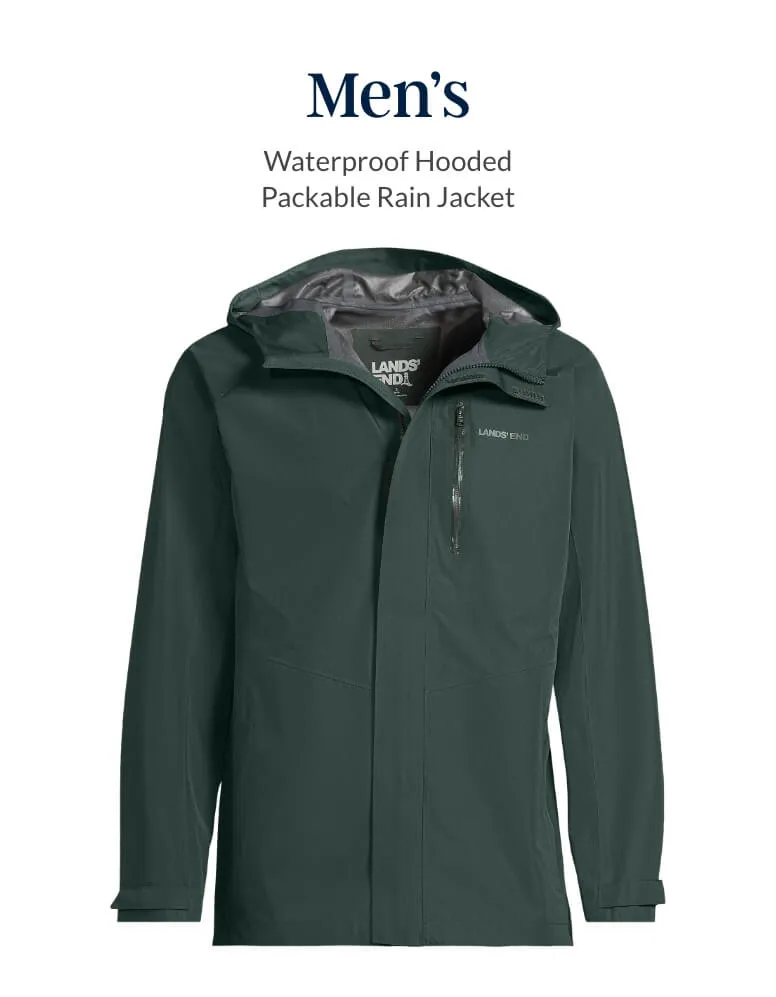 Men's green, hooded, packable, waterproof rain jacket.