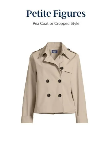 Women's tan trench rain jacket for petite figures. 