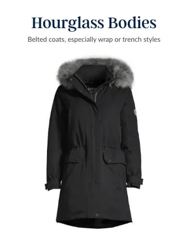 Women's black expedition parka for hourglass bodies.