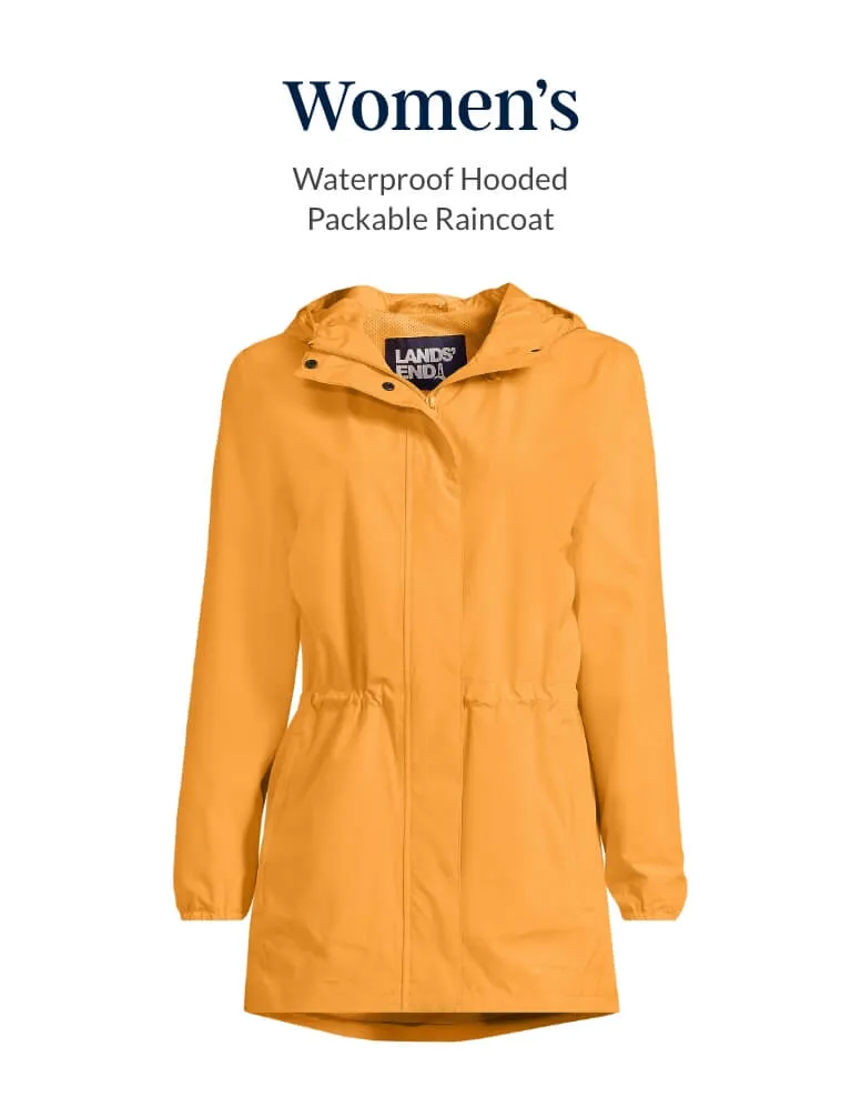 Women's orange, hooded, packable, waterproof raincoat.