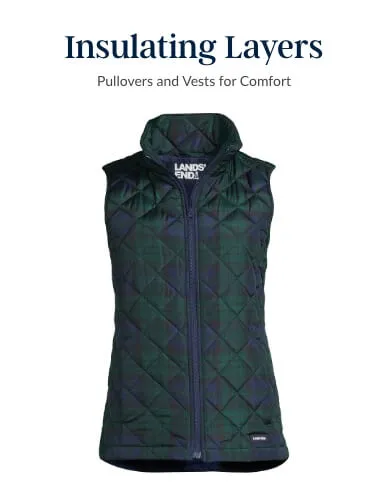Navy blue and green plaid FeatherFree insulated vest.