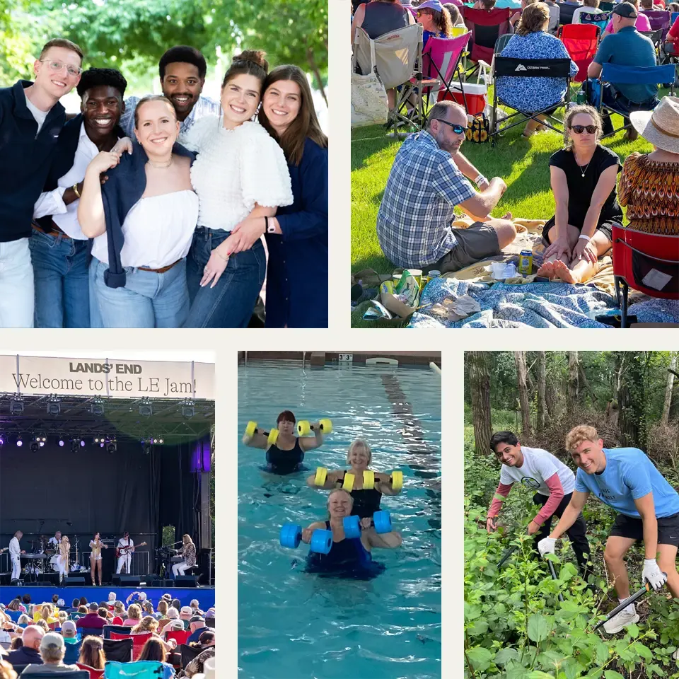 A collage of Lands&rsquo; End employees at company events like a concert, swim classes, and volunteering.