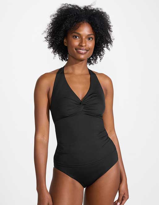 Woman wearing a halter swimsuit