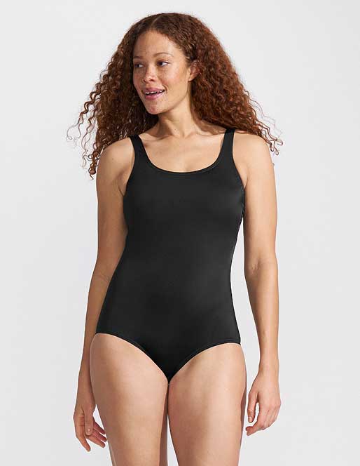 Woman wearing a scoop neck swimsuit