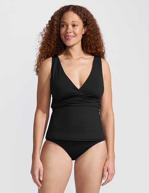 Woman wearing a v-neck swimsuit